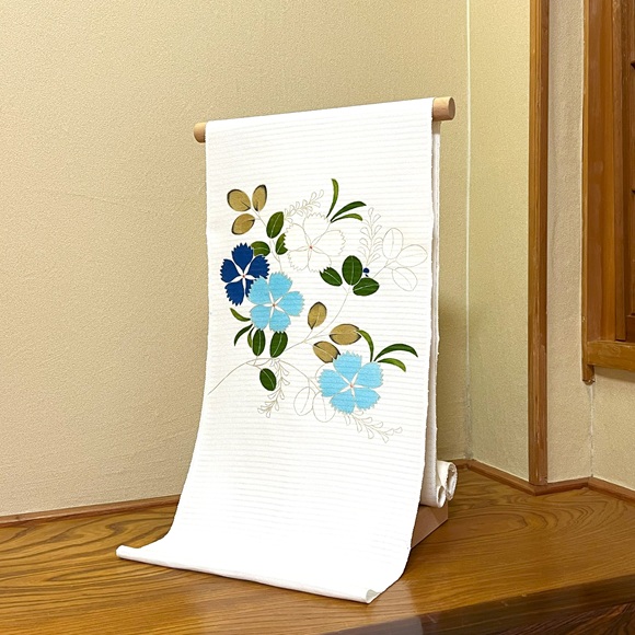 なでしこ(白地)　絽ちりめん九寸名古屋帯