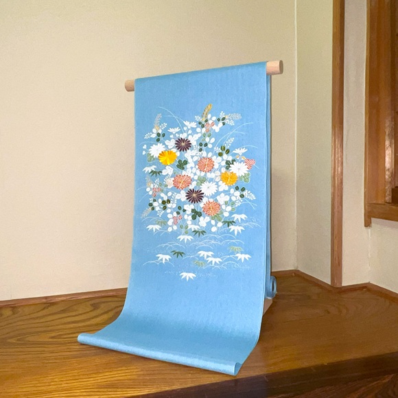 御所解き芒に菊萩(薄藍)　夏単衣九名古屋帯